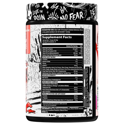 Inhuman Extra Saucy Pre workout Birthday Punch Flavor Supplement Facts label 