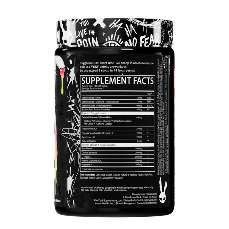 High-stim AfterDark INHUMAN pre-workout powder Supplement Facts Panel