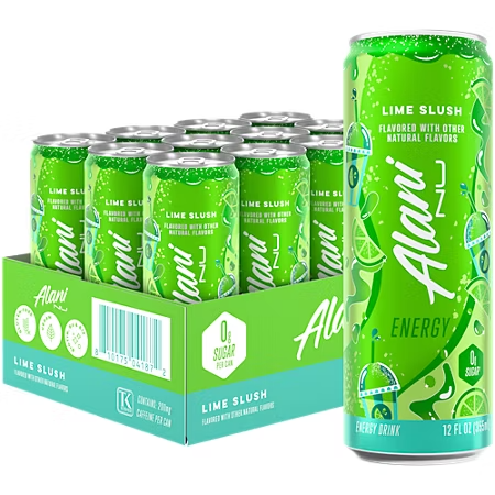 Alani Nu Lime Slush energy drink cans and packaging on a white background