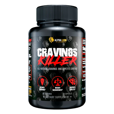 Supplement bottle labeled 'Cravings Killer' by Alpha Lion on a white background
