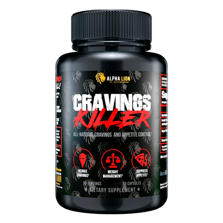 Supplement bottle labeled 'Cravings Killer' by Alpha Lion on a white background