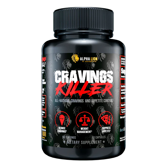 Supplement bottle labeled 'Cravings Killer' by Alpha Lion on a white background