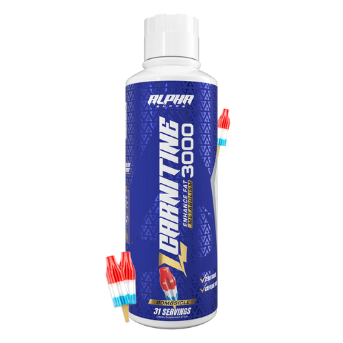 Alpha Nutrition L-Glutamine 3000 supplement bottle with red and blue packaging on a white background