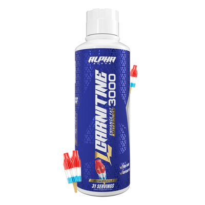 Alpha Nutrition L-Glutamine 3000 supplement bottle with red and blue packaging on a white background