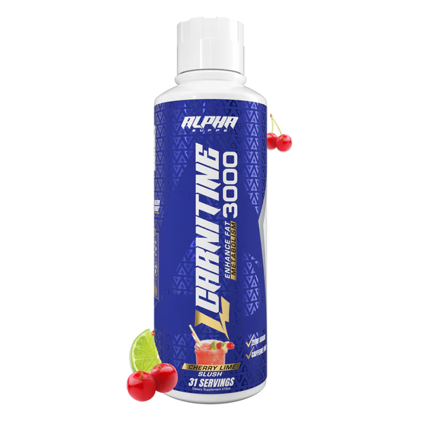 Alpha Nutrition L Carnitine 3000 supplement bottle with cherry and lime garnish on a white background