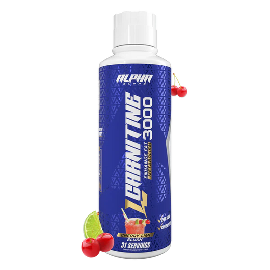 Alpha Nutrition L Carnitine 3000 supplement bottle with cherry and lime garnish on a white background