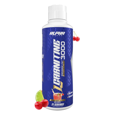 Alpha Nutrition L Carnitine 3000 supplement bottle with cherry and lime garnish on a white background