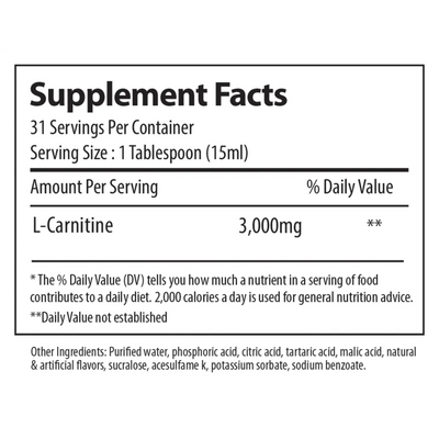 Supplement facts label for a product containing L-Carnitine with serving size and nutritional information.