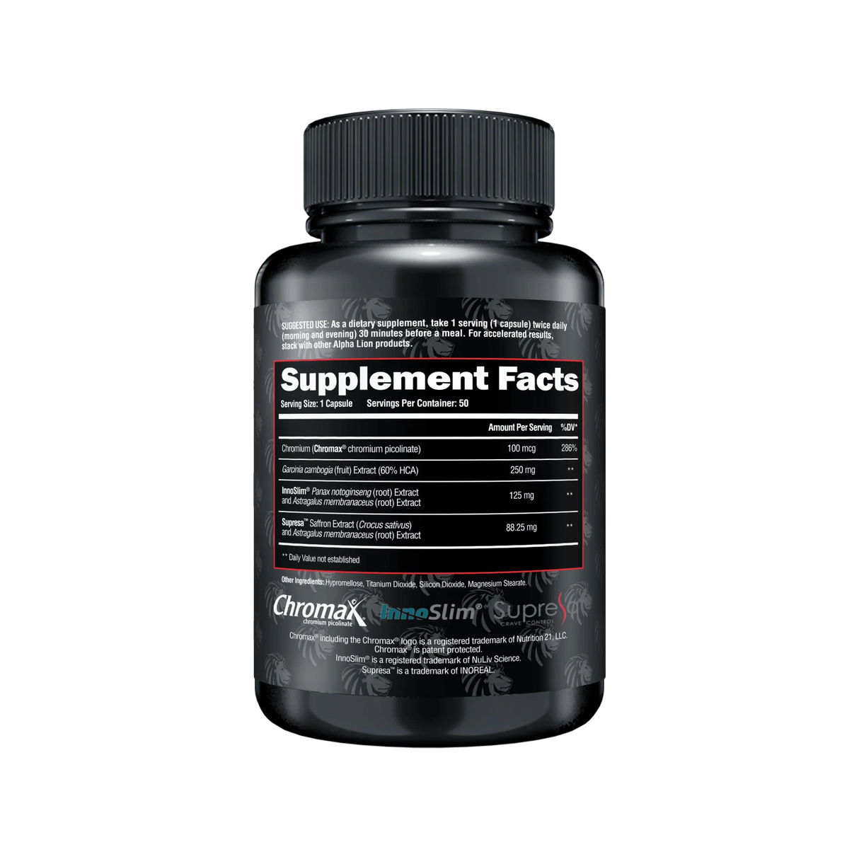Black supplement bottle with 'Supplement Facts' label on a white background