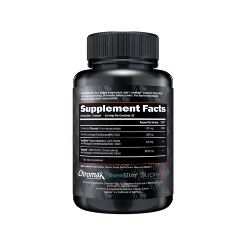 Black supplement bottle with 'Supplement Facts' label on a white background