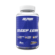 A bottle of Alpha Supps Sleep Lean supplement with blue label, white cap, and branding details