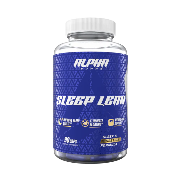 A bottle of Alpha Supps Sleep Lean supplement with blue label, white cap, and branding details