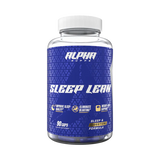 A bottle of Alpha Supps Sleep Lean supplement with blue label, white cap, and branding details
