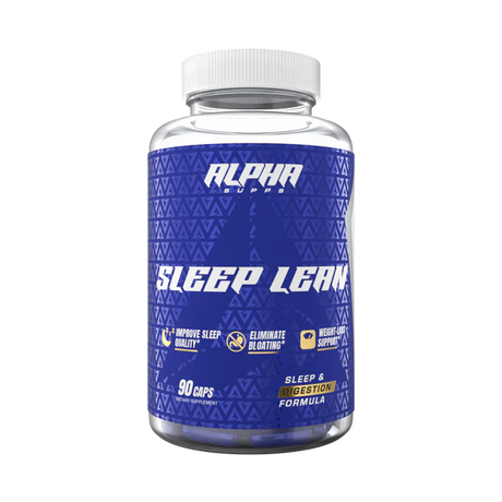 A bottle of Alpha Supps Sleep Lean supplement with blue label, white cap, and branding details