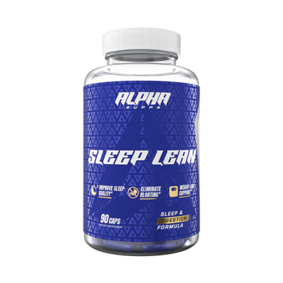 A bottle of Alpha Supps Sleep Lean supplement with blue label, white cap, and branding details