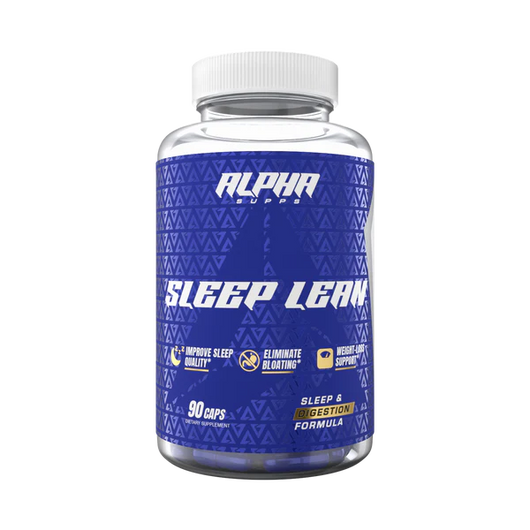 A bottle of Alpha Supps Sleep Lean supplement with blue label, white cap, and branding details