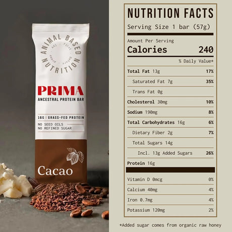 Ancestral Protein Cacao bar with nutrition facts