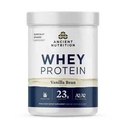 Container of Ancient Nutrition whey protein powder with vanilla bean flavor available at Complete Health in Fort Wayne, Indiana