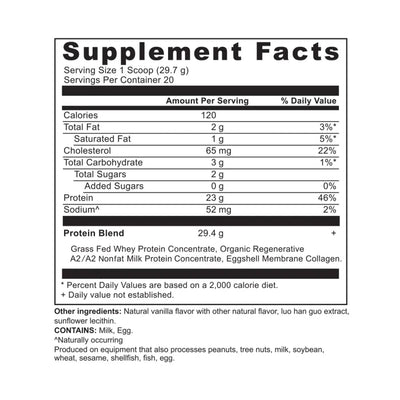 Ancient Nutrition Grass-fed Whey Protein Isolate Powder Vanilla Bean Supplement Facts