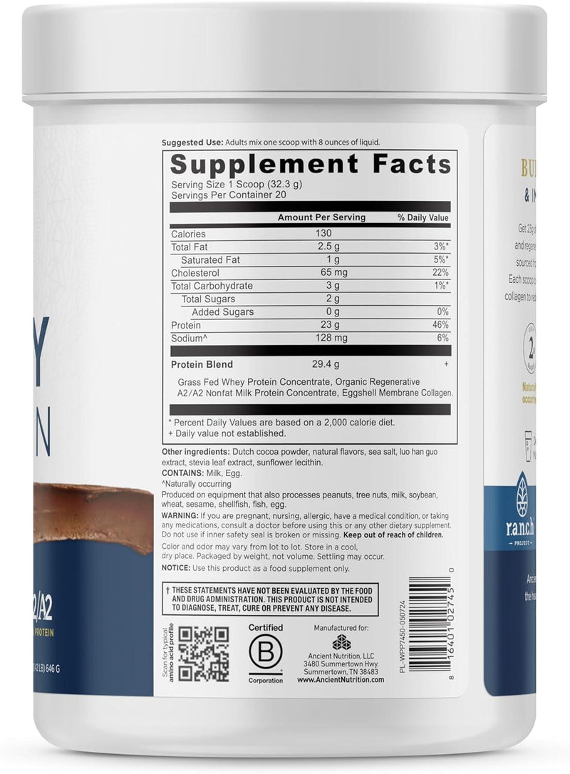 Supplement Facts label for Ancient Nutrition Grass-Fed Whey Protein  with collagen Peptides in Milk Chocolate Flavor 