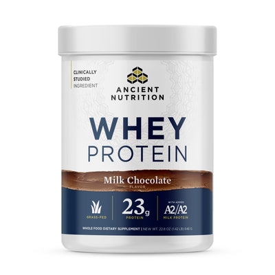 Ancient Nutrition whey protein powder with milk chocolate flavor available at Complete Health in Fort Wayne, Indiana