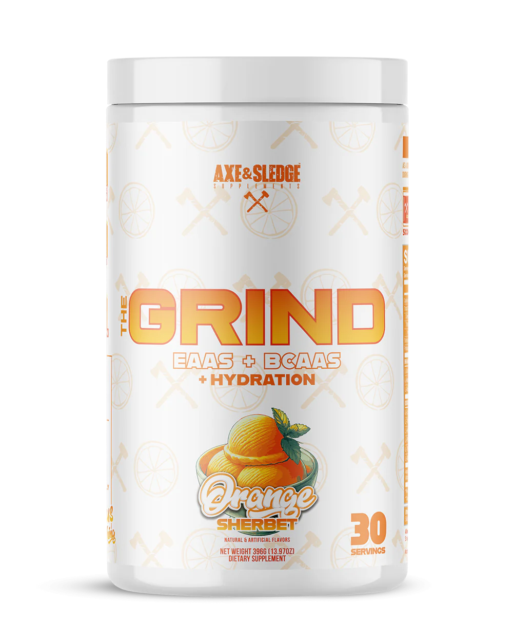Axe & Sledge The Grind BCAAs and EAAs plus hydration intra workout supplement powder in Orange Sherbet Flavor