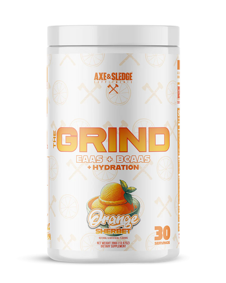 Axe & Sledge The Grind BCAAs and EAAs plus hydration intra workout supplement powder in Orange Sherbet Flavor
