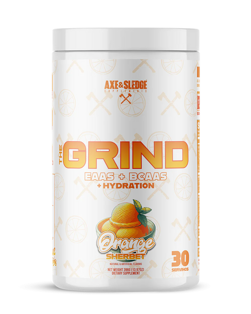 Axe & Sledge The Grind BCAAs and EAAs plus hydration intra workout supplement powder in Orange Sherbet Flavor