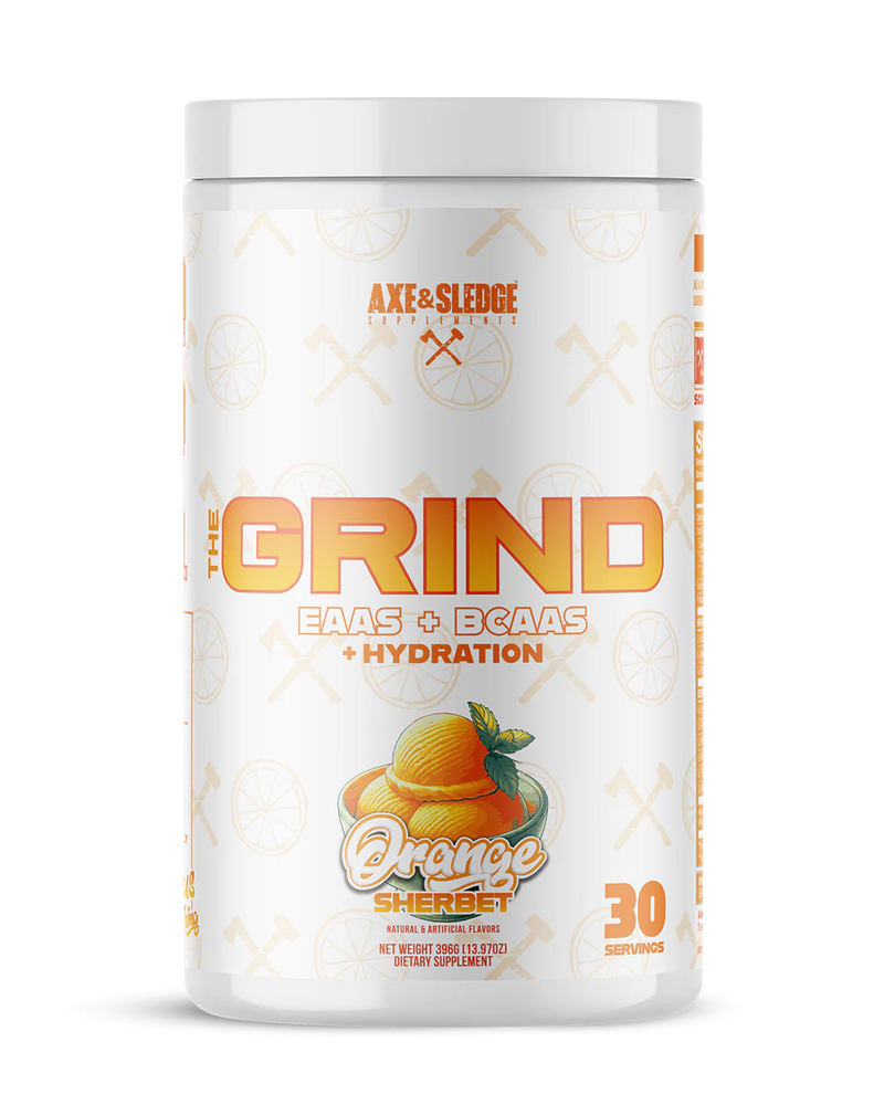 Axe & Sledge The Grind BCAAs and EAAs plus hydration intra workout supplement powder in Orange Sherbet Flavor