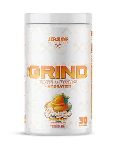 Axe & Sledge The Grind BCAAs and EAAs plus hydration intra workout supplement powder in Orange Sherbet Flavor