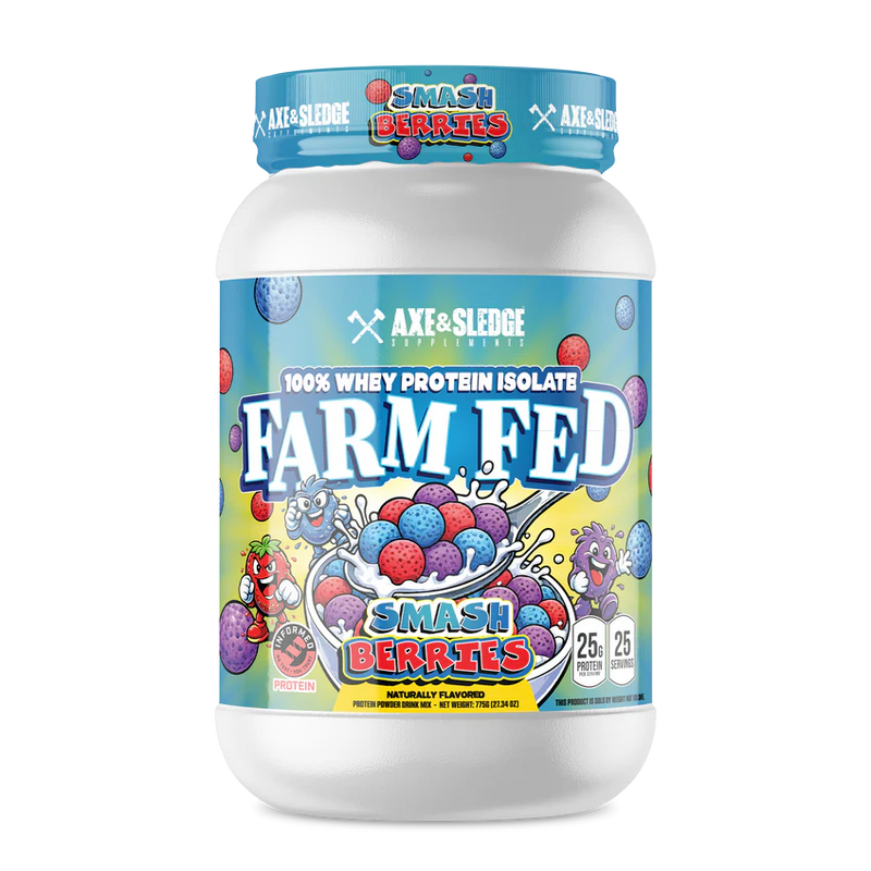 Axe & Sledge Farm Fed Smash Berries protein powder container on a white background
