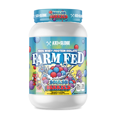 Axe & Sledge Farm Fed Smash Berries protein powder container on a white background