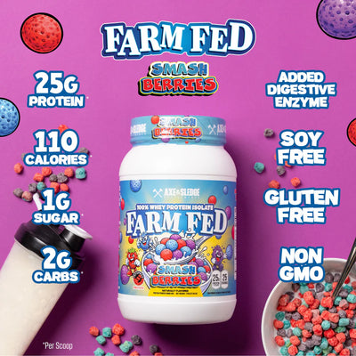 Farm Fed Smash Berries protein powder container with nutritional information on a purple background