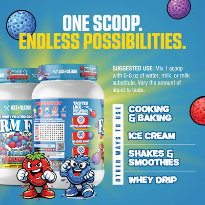 Axe & Sledge Farm Fed Whey Protein Isolate in Smash Berries flavor with highlights and features 