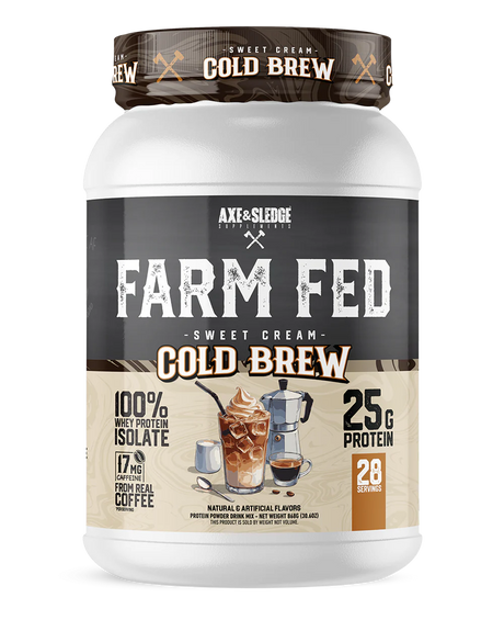 A container of Axe & Sledge Farm Fed Sweet Cream Cold Brew whey protein isolate powder.
