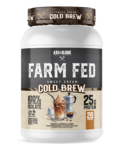 A container of Axe & Sledge Farm Fed Sweet Cream Cold Brew whey protein isolate powder.