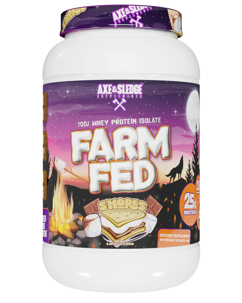 A container of Axe & Sledge Farm Fed S'mores flavor whey protein powder.