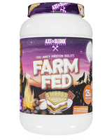 A container of Axe & Sledge Farm Fed S'mores flavor whey protein powder.