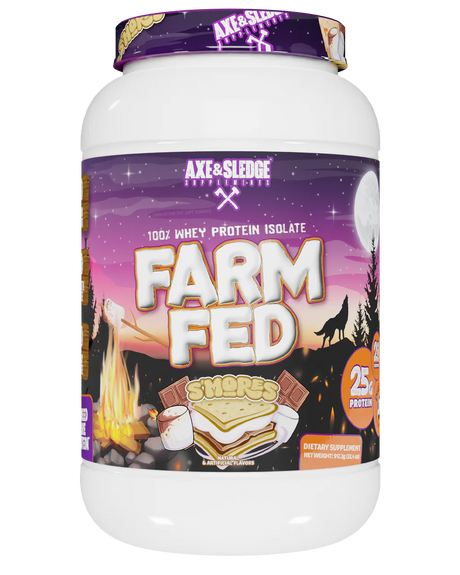 A container of Axe & Sledge Farm Fed S'mores flavor whey protein powder.