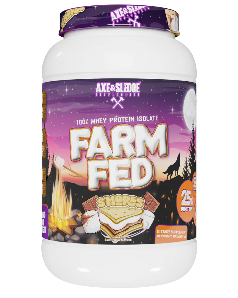 A container of Axe & Sledge Farm Fed S'mores flavor whey protein powder.
