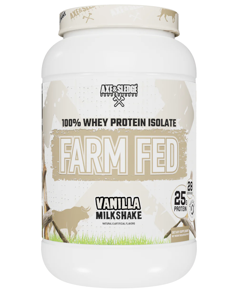 A container of Axe & Sledge Farm Fed Vanilla Milkshake whey protein isolate powder.