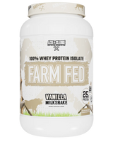 A container of Axe & Sledge Farm Fed Vanilla Milkshake whey protein isolate powder.