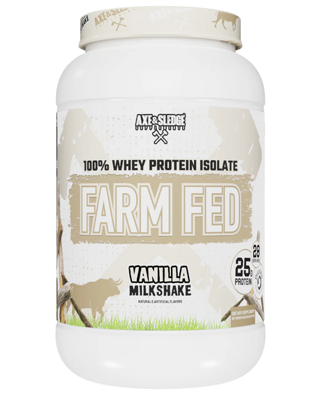 A container of Axe & Sledge Farm Fed Vanilla Milkshake whey protein isolate powder.