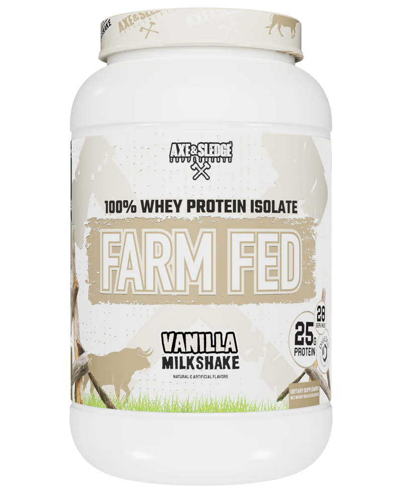 A container of Axe & Sledge Farm Fed Vanilla Milkshake whey protein isolate powder.