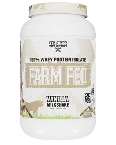 A container of Axe & Sledge Farm Fed Vanilla Milkshake whey protein isolate powder.