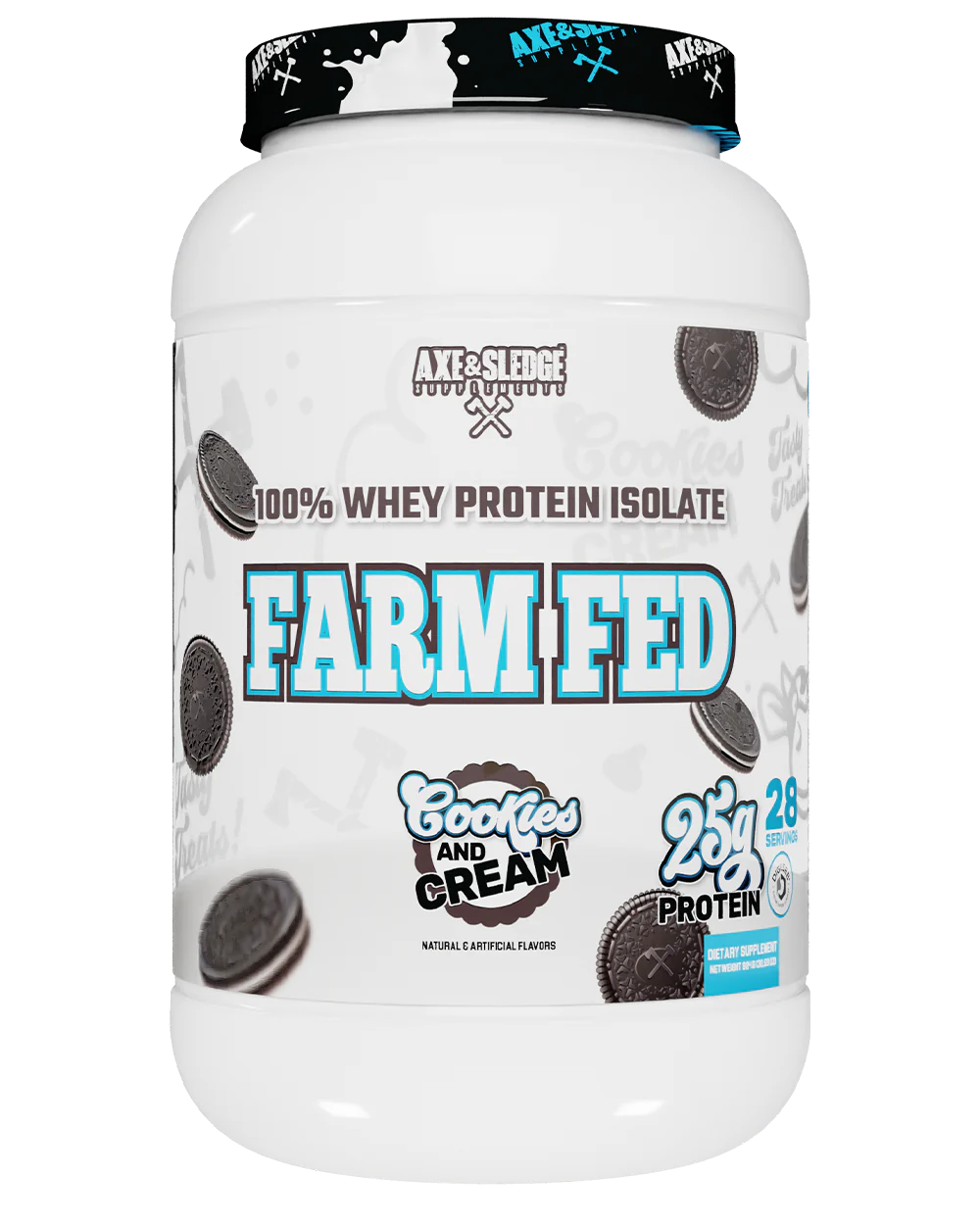 A container of Axe & Sledge Farm Fed Cookies and Cream whey protein powder.