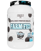 A container of Axe & Sledge Farm Fed Cookies and Cream whey protein powder.