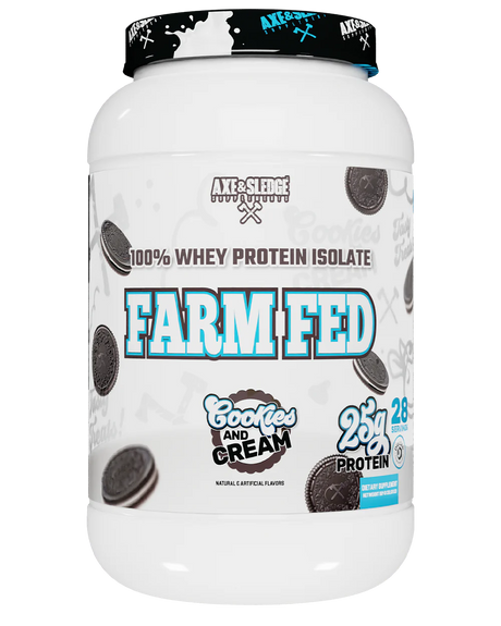 A container of Axe & Sledge Farm Fed Cookies and Cream whey protein powder.
