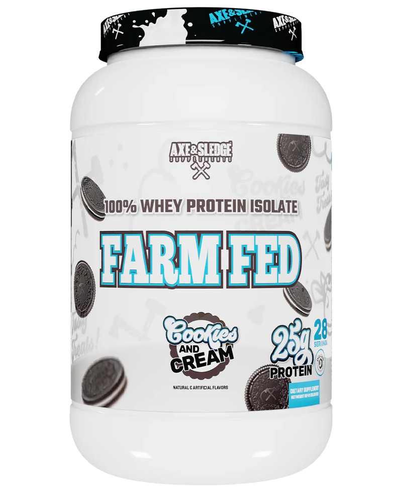 A container of Axe & Sledge Farm Fed Cookies and Cream whey protein powder.