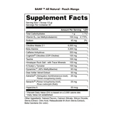 Supplement facts label for BAMF All Natural Peach Mango supplement on a white background